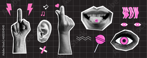 Collage elements for a message using the ear, hand, eye and mouth with the tongue. Vintage illustration with dotted pop art. Pink and dark colors