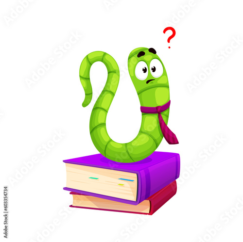 Cartoon bookworm character, book worm animal. Isolated vector confused caterpillar personage sits atop a towering pile of books, wearing a perplexed expression while trying to choose next book to read