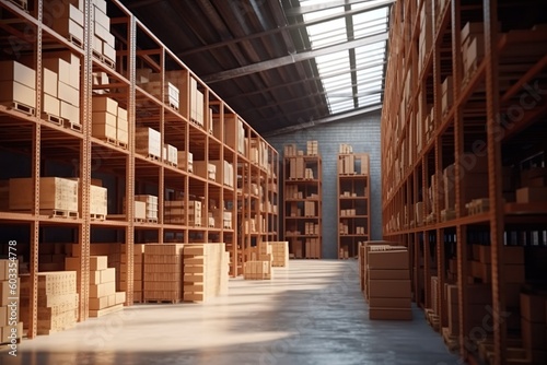 Large modern warehouse with racks and craft boxes on them. Generative AI