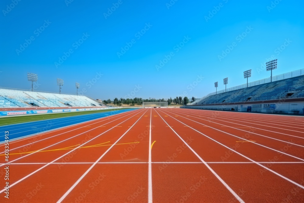 Running track in stadium on a summer sunny day. Generative AI