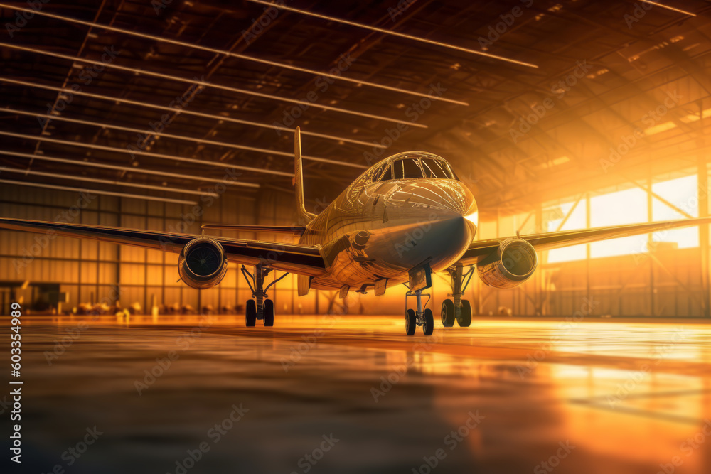 Low angle view of a jet parked in a hangar at sunset. Generative Ai Low angle view of a jet parked in a hangar at sunset. Generative Ai