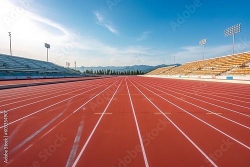 Running track in stadium on a summer sunny day. Generative AI