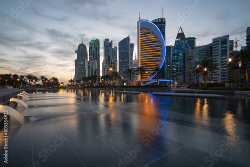 The skyline of the modern and high-rising city of Doha in Qatar, Middle East. - Doha's Corniche in West Bay, Doha, Qatar