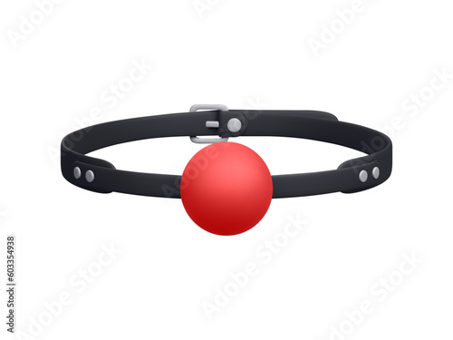 3d realistic red silicone ball gag with a leather belt isolated on white background. BDSM game concept. Vector illustration