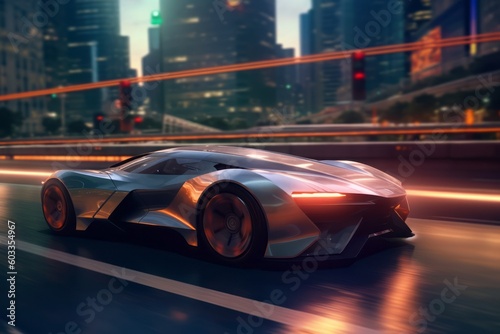 Futuristic Self-Driving sport car moving on a highway in a modern city. Generative AI © bluebeat76