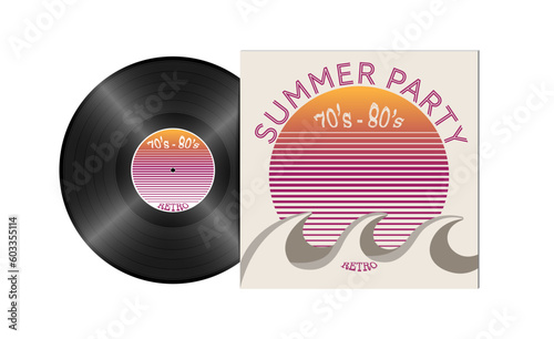 Retro summer beach party 70's 80's 90's poster vinyl bakelite concept illustration vector. Vintage party background concept illustration with reflection.