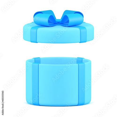 Open blue gift box with bow and ribbon cylinder wrapped surprise container 3d object realistic vector illustration