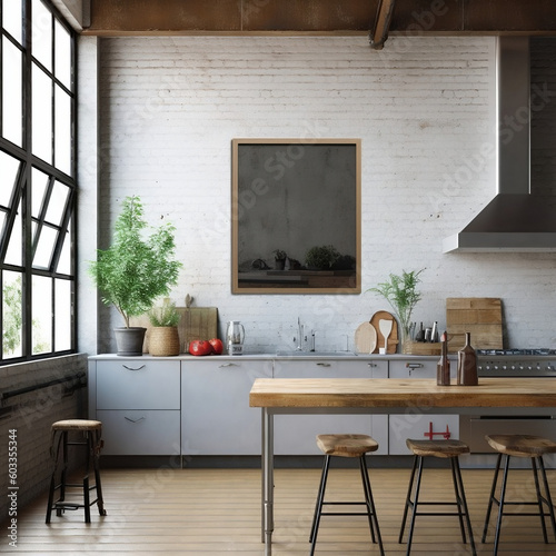 Industrial Loft Elegance  Showcase Your Artistry with a Wall Mockup in a Stylish Kitchen Setting