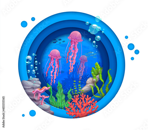 Sea paper cut landscape with tropical jellyfish and seaweeds. 3d vector round layered frame with colorful marine life, algae plants, rocks and bubbles create mesmerizing effect with contrasting colors