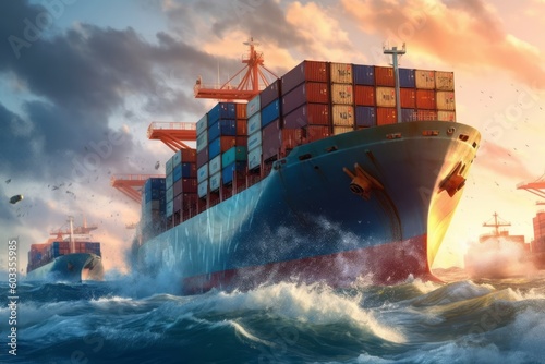 Front view of a dynamic image of cargo ship that run in the middle of the ocean are transported container to the port. Generative AI