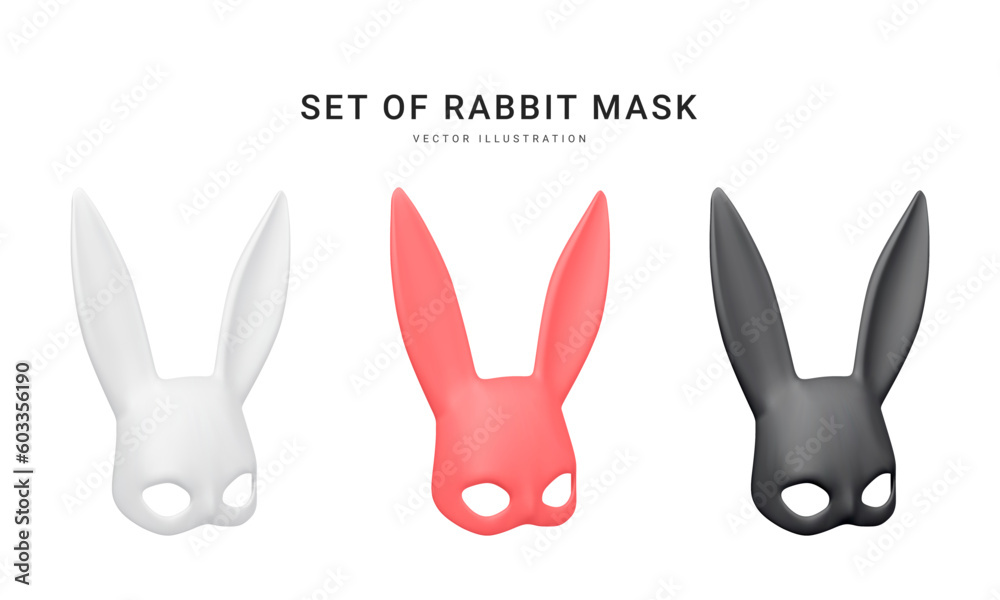 Set of 3d realistic rabbit mask isolated on white background. Bdsm outfit for the relaxes, sex, and wellness. Template for sex shop or erotic website. Vector illustration Set of 3d realistic rabbit mask isolated on white background. Bdsm outfit for the relaxes, sex, and wellness. Template for sex shop or erotic website. Vector illustration