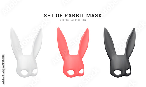 Set of 3d realistic rabbit mask isolated on white background. Bdsm outfit for the relaxes, sex, and wellness. Template for sex shop or erotic website. Vector illustration