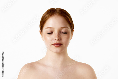 Portrait of beautiful, redhead, young girl with well-kept healthy skin with closed eyes against white studio background. Concept of natural beauty, plastic surgery, cosmetology, cosmetics, skin care