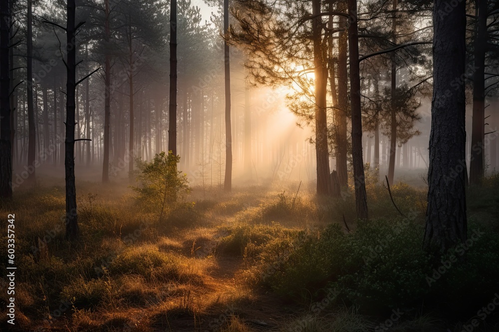 Breathtaking Sunrise Light in Fir-wood Pine Forest: Nature's Majestic Adventure Awaits. Generative AI Breathtaking Sunrise Light in Fir-wood Pine Forest: Nature's Majestic Adventure Awaits. Generative AI