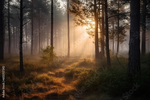 Breathtaking Sunrise Light in Fir-wood Pine Forest: Nature's Majestic Adventure Awaits. Generative AI