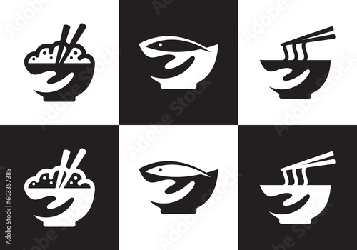 bowl with hand logo design, simple creative restaurant food symbol vector illustration.