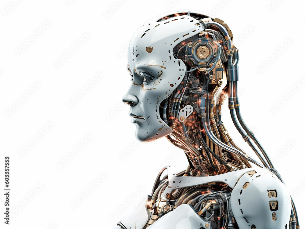 The face of a humanoid robot on an isolated background and close-up. Generative AI The face of a humanoid robot on an isolated background and close-up. Generative AI