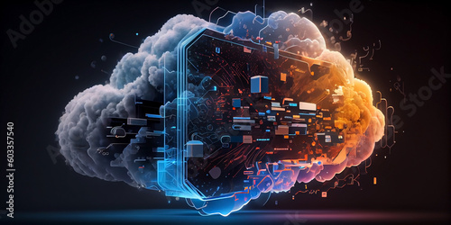 Wallpaper Mural Cloud storage data. A luminous cloud with elements of information, located in a transparent cube, on a dark background. Generative AI Torontodigital.ca