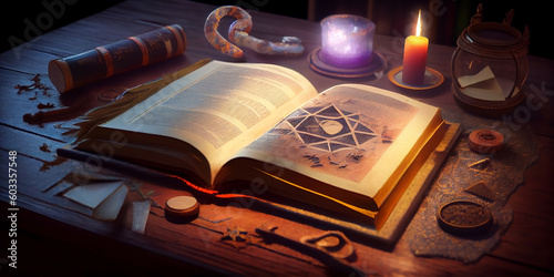 An open ancient magical book or bible, with a bright light emanating in the dark from its pages. Generative AI