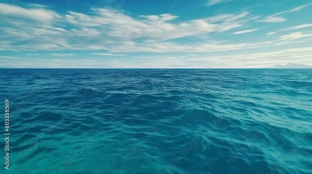 A tropical teal blue ocean horizon seascape illustration. A.I. generated.