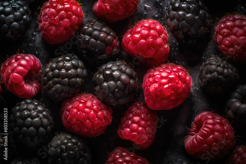 Fresh raspberries and blackberries seamless background. Generative AI