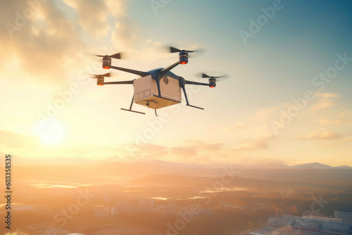 Delivery drone, Autonomous delivery robot, Business air transportation concept. Generative AI