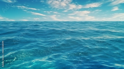 A tropical teal blue ocean horizon seascape illustration. A.I. generated.
