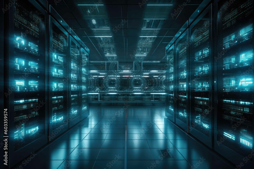 A scene of a data center or server room, with rows of servers and LED lights glowing in the background. Generative AI