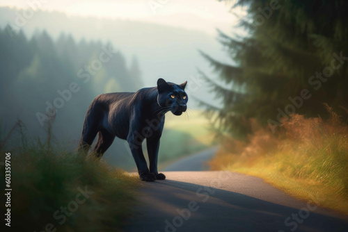 Black panther is standing on a small road in conifer forest. Generative AI