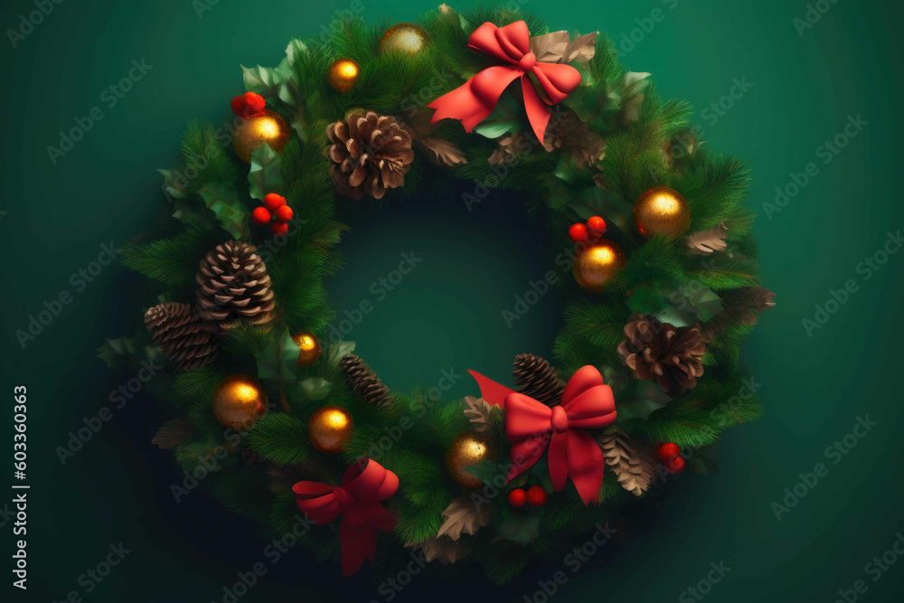 Christmas wreath on green background. Generative AI
