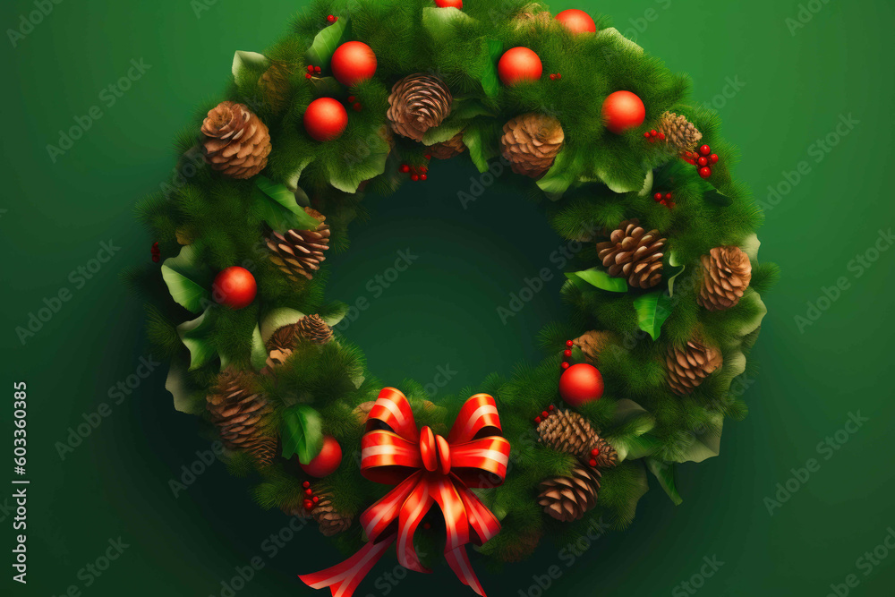 Christmas wreath, red ribbon bow. Generative AI