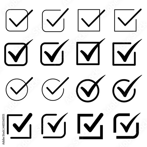 シンプルな線画のチェックマーク　丸と四角　黒 line drawing check icon