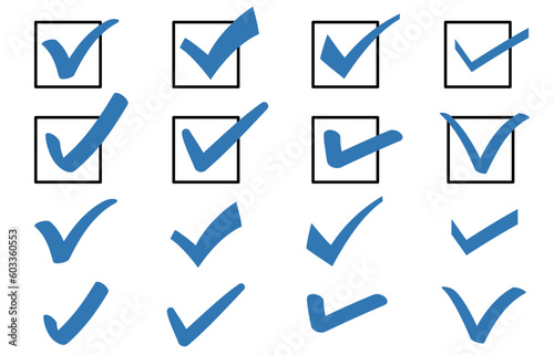 Various handwritten check marks, blue