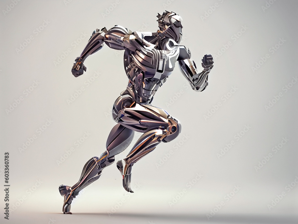 A fast running humanoid muscular robot athlete on an isolated background. Generative AI A fast running humanoid muscular robot athlete on an isolated background. Generative AI