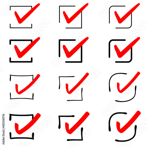 Handwritten check mark with a stylish line frame red