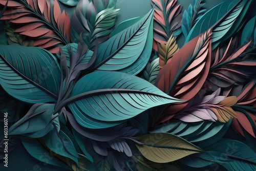 Pattern of colorful leaves illustration background. Wall mural in the interior, textiles, fabric background. Generative AI