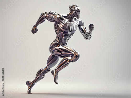 A fast running humanoid muscular robot athlete on an isolated background. Generative AI