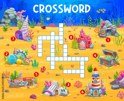 Crossword quiz game grid. Cartoon fairytale underwater house buildings cross word puzzle worksheet for kids. Vector brainteaser with shell, submarine, rock and coral, beacon, chest and ruins with boat photo