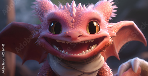 Cute little smily dragon face. Cartoon funny baby dragon with wings. Happy fantasy characters head. Young mythical reptile monster. Generated by artificial intelligence