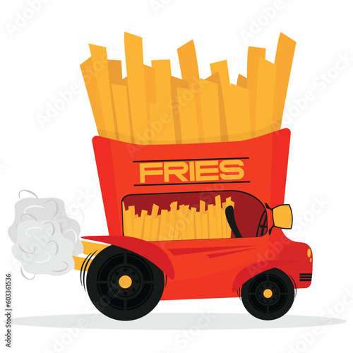 Cartoon fries car on wheels. French fries truck or potato van with racing accessories. Vector flat illustration