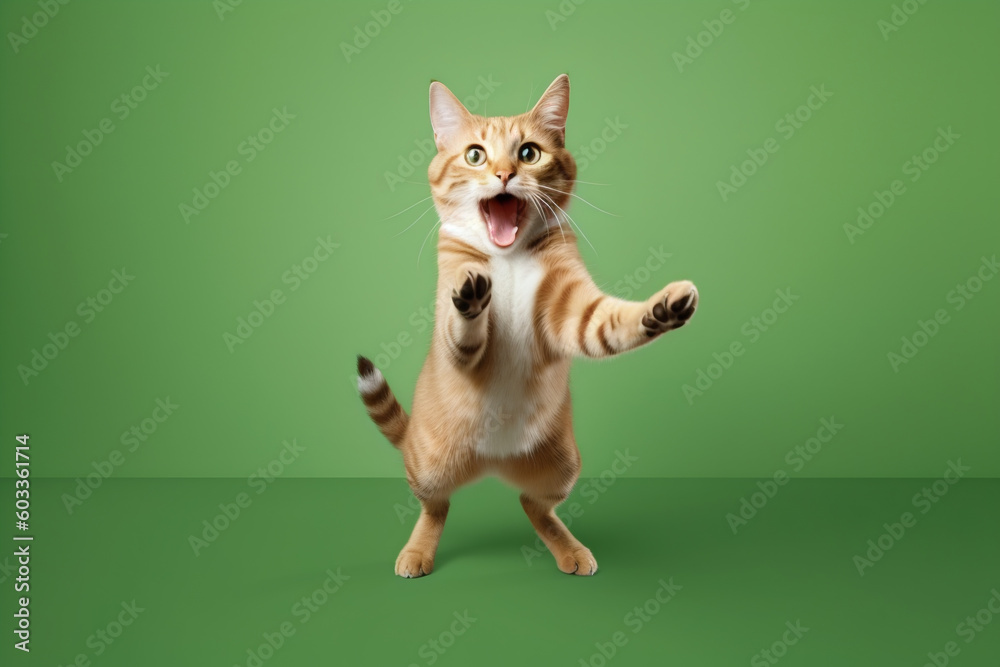 Surprised cat jumping on a green background. Banner concept for petshops and pet niche ecommerce. Generative AI