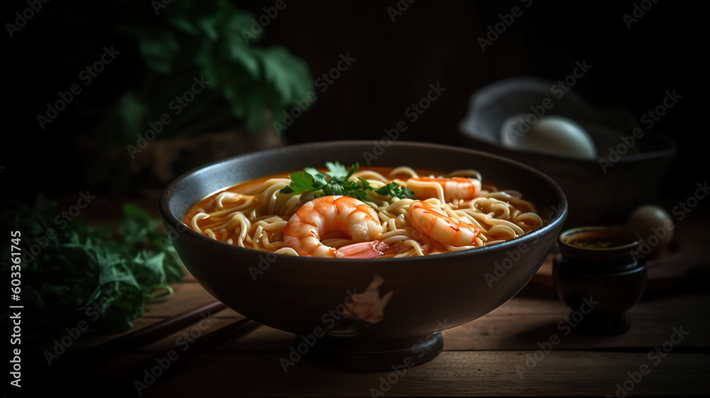 A bowl containing soup with shrimp and noodles, Generative AI A bowl containing soup with shrimp and noodles, Generative AI