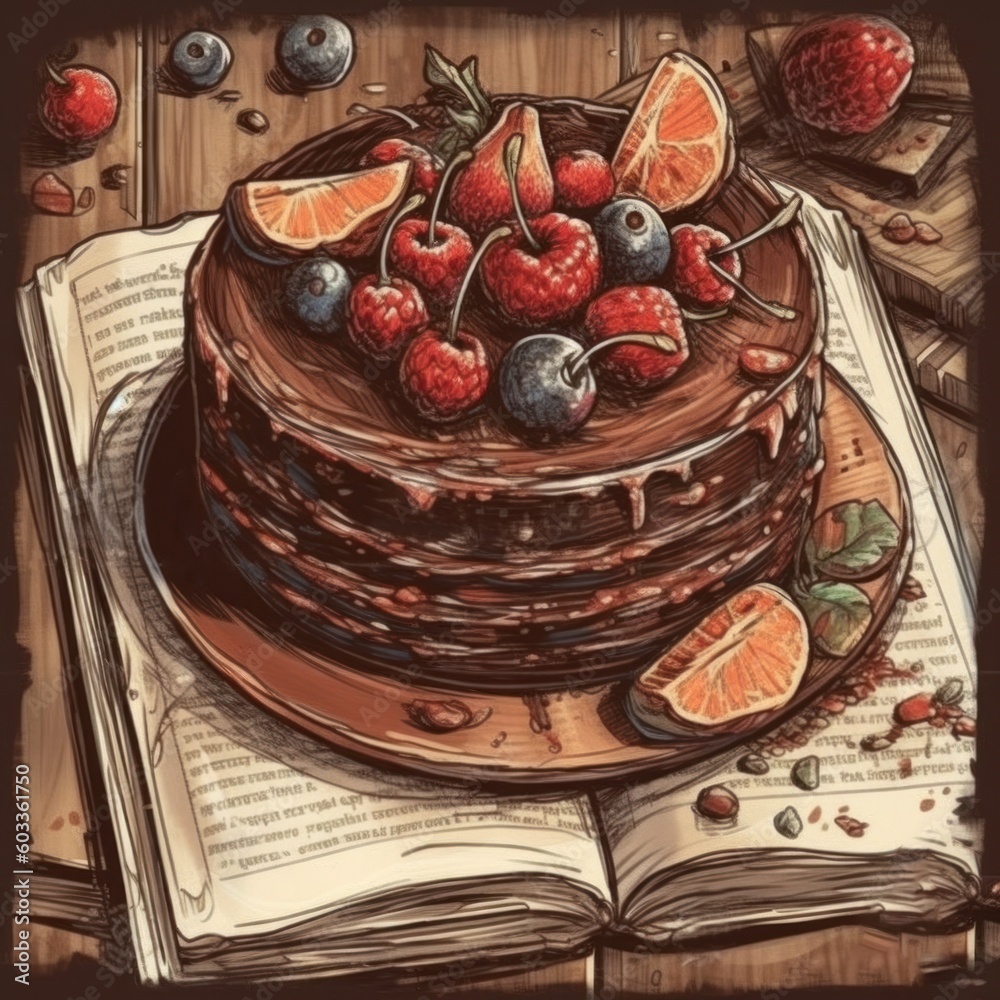 Illustration of a handmade chocolate cake decorated with fresh fruit on a wooden plate. Generative Ai.
