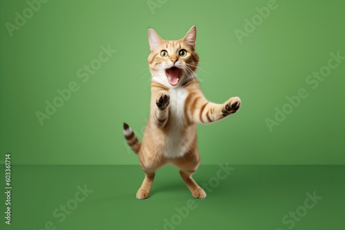 Surprised cat jumping on a green background. Banner concept for petshops and pet niche ecommerce. Generative AI © Dantaz