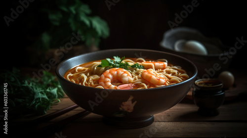 A bowl containing soup with shrimp and noodles, Generative AI