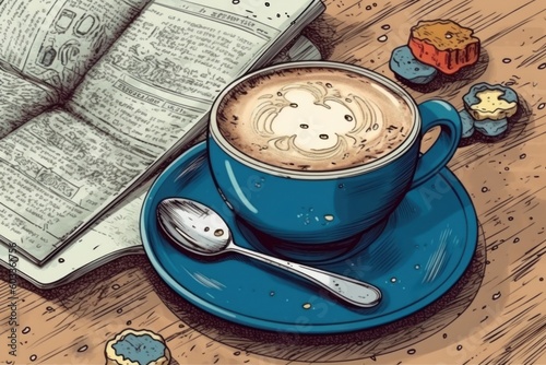 Illustration of cappuccino coffee in a cup with creamy foam on top. Generative Ai.