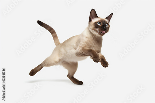 Siamese cat jumping on a white background. Banner concept for petshops and pet niche ecommerce. Generative AI