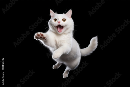 Happy White cat jumping on a black background. Banner concept for petshops and pet niche ecommerce. Generative AI