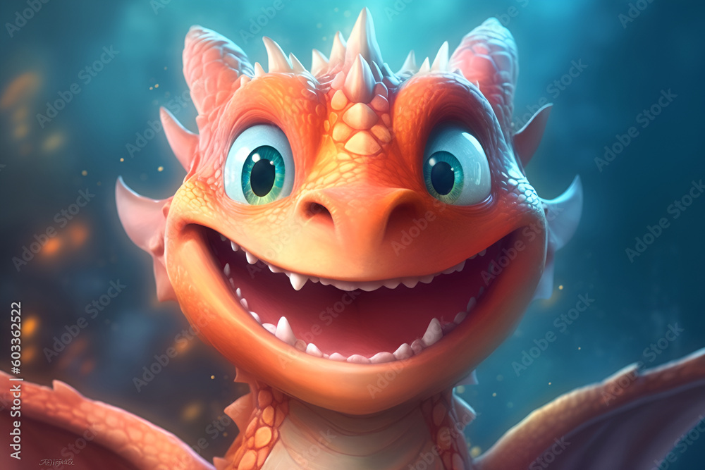 Cute little smily dragon face. Cartoon funny baby dragon with wings. Happy fantasy characters head. Young mythical reptile monster. Generated by artificial intelligence Cute little smily dragon face. Cartoon funny baby dragon with wings. Happy fantasy characters head. Young mythical reptile monster. Generated by artificial intelligence