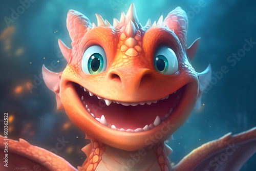 Cute little smily dragon face. Cartoon funny baby dragon with wings. Happy fantasy characters head. Young mythical reptile monster. Generated by artificial intelligence
